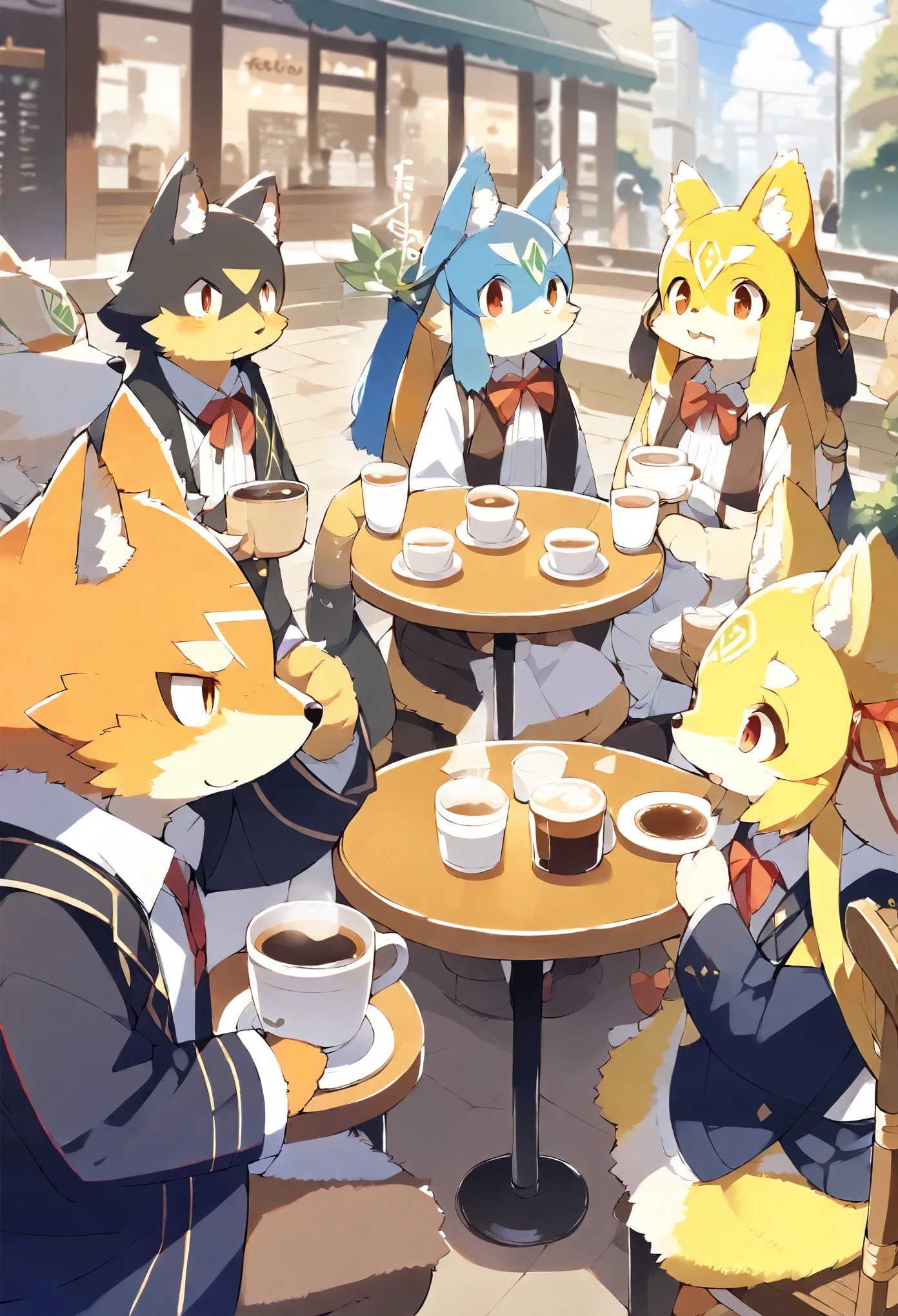 rating_safe, score_9, score_8_up, score_7_up, score_6_up, score_5_up, score_4_up, hires, source_furry(kemono, boy, girl)cafe Terrace, drink, coffee, staff,