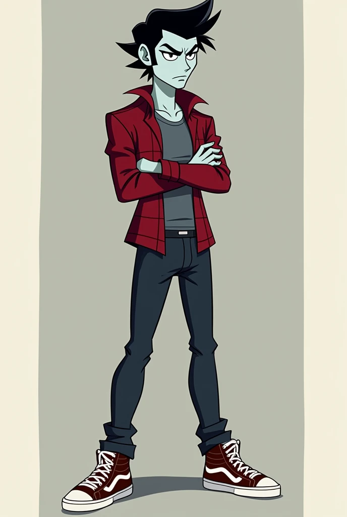 Marshall Lee has a slim body, an average height, black hair, and light gray skin. He has a matching permanent bite mark like Marceline's which shows he is a vampire. In Fionna and Cake and Bad , he is seen wearing a red plaid shirt with gray stripes, dark blue jeans, and brownish-red and white sneakers.