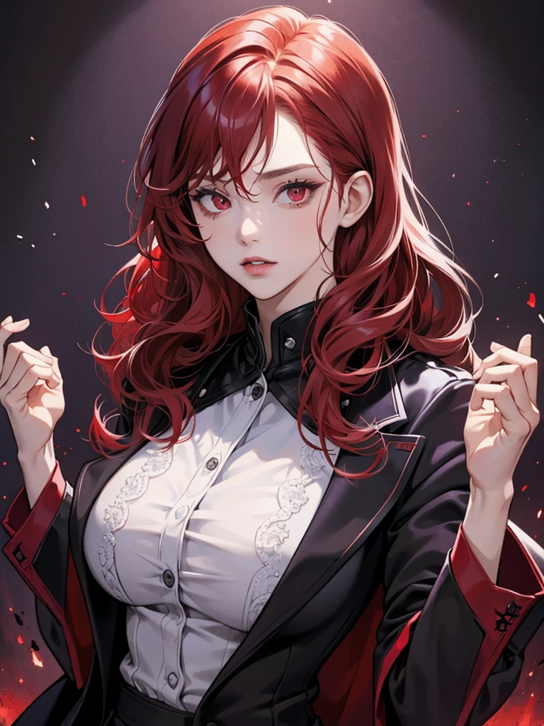 woman, red eyes, so short red hair not have bangs, noble, mafia. sadistic women, wavy hair. wear black purple winter jacket. strong woman. background in mansion, thunk. vampire