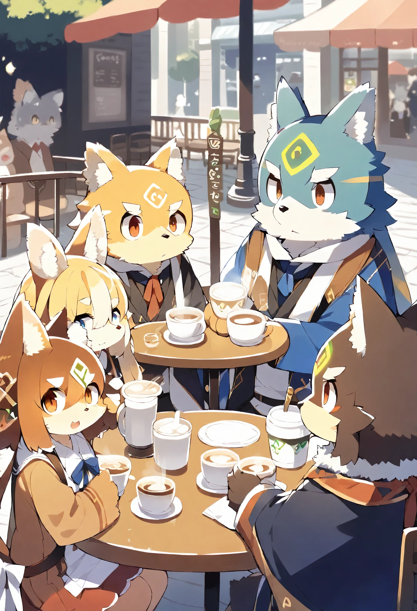 rating_safe, score_9, score_8_up, score_7_up, score_6_up, score_5_up, score_4_up, hires, source_furry(kemono, boy, girl)cafe Terrace, drink, coffee, staff,