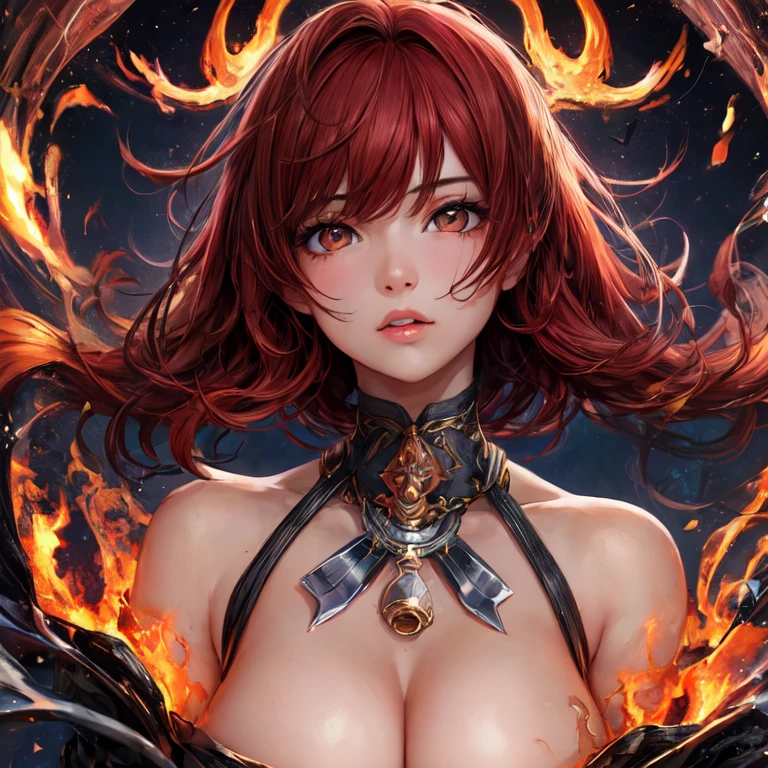 Beautiful girl covered in fire with red hair brown eyes big breasts UHD, textured skin, super detail, high details, high quality,
