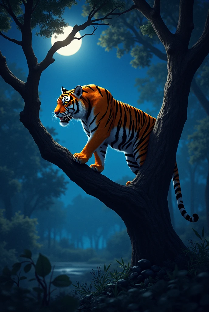 Indian bangol tiger at the tree in night time
