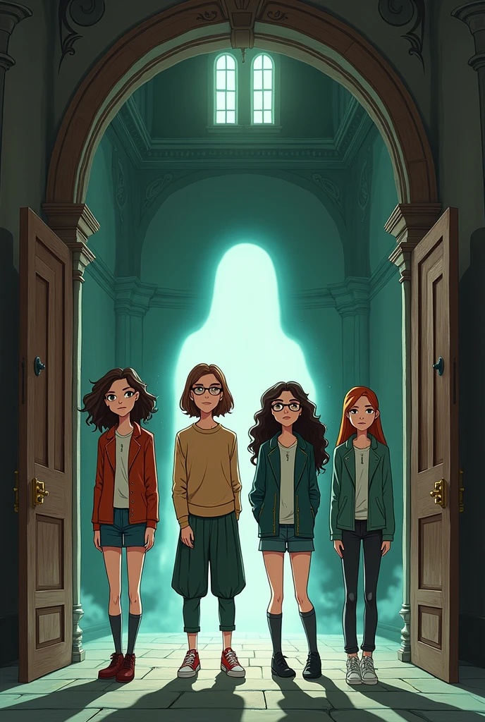 J'ai besoin d'une couverture de livre avec un un lycée style renaissance, 4 filles qui enquêtent, un fille rebelle une autre populaire une autre studieuse et une autre cool, et le fantôme d'une filleet sur la couverture il est écrit &";Les murmures du passé&";. Je n'en ai pas'Je veux quelque chose de très réaliste, Je veux quelque chose de plus cartoon. Je veux du brun, noir, blanc, vert, des couleurs froides. Je veux qu'ils soient plus jeunes.