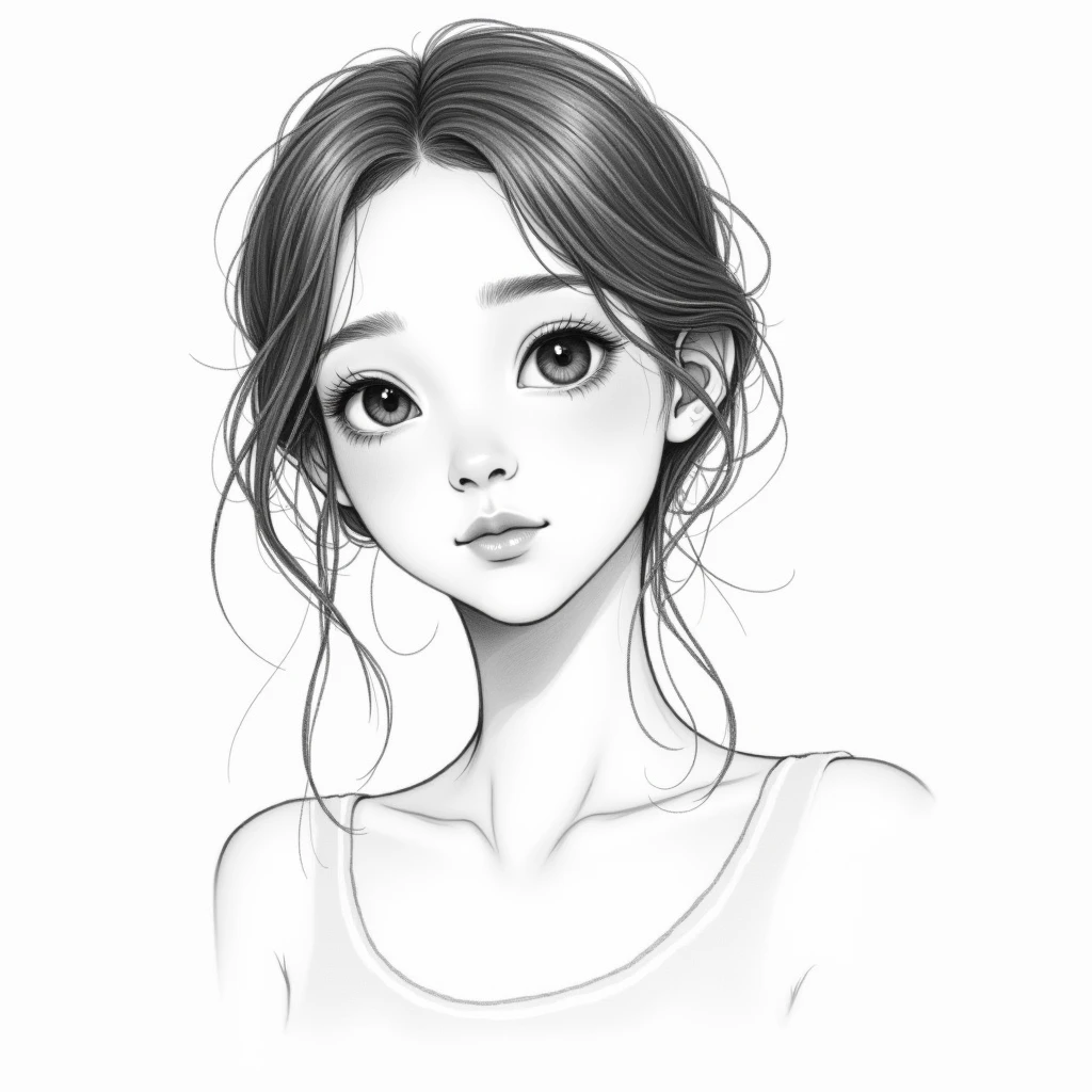 beautiful girl　Black and White　Pencil lines　Coloring book