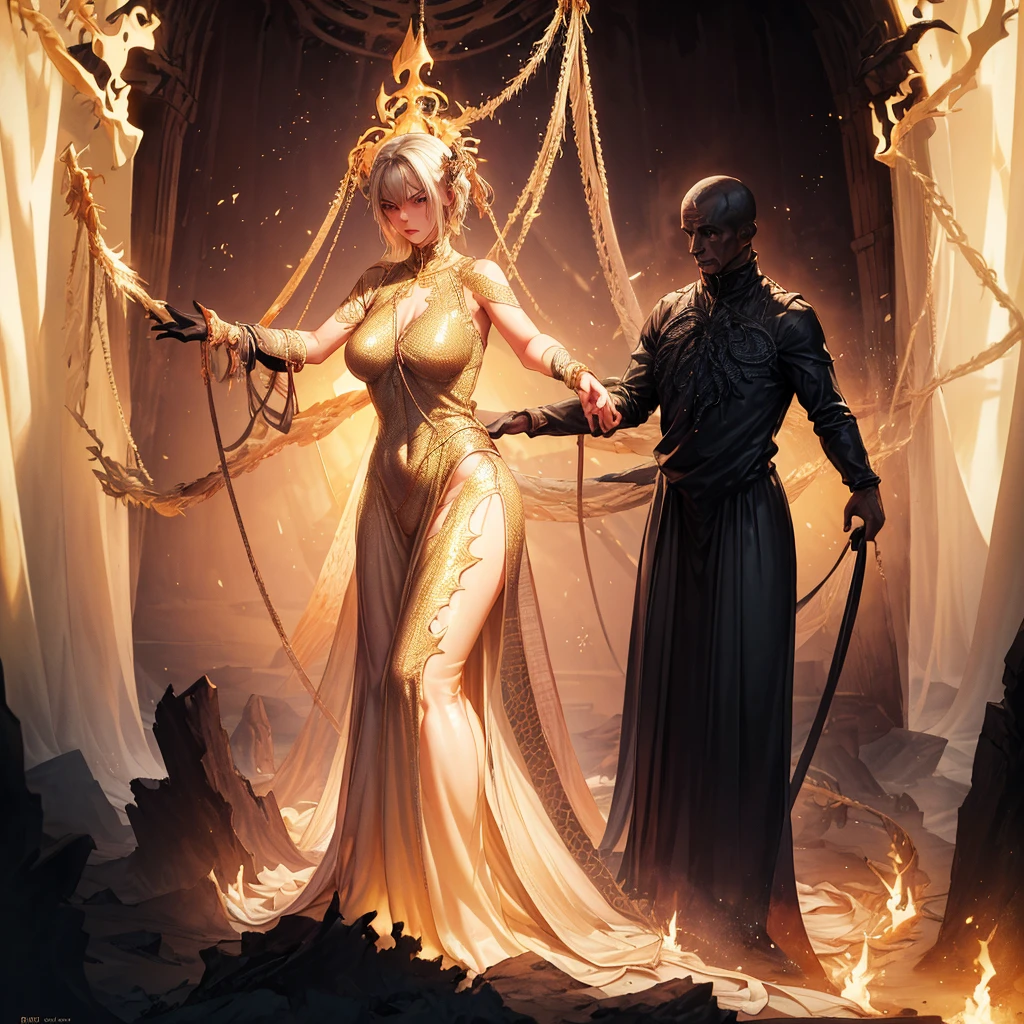 A hybrid woman with a serpent-like lower body stands in an ancient crypt in the middle of the desert, facing a relic hunter she has just bitten to defend herself. Her piercing golden reptilian eyes glow with a threatening intensity, her lithe yet curvaceous 1.7m tall frame exuding an imposing and enchanting mystical power. Her pale skin with bronze undertones is marked by delicate black scales, while tattered silk sashes floating around her subtly reveal her harmonious and powerful silhouette.
The weakened relic hunter kneels before her, expressing pain and surprise from her bite. The crypt is filled with debris, collapsed flagstones, and sand from a recent storm. The golden light of dusk filters through the suspended dust, bathing the scene in a dark, gothic, and mysterious atmosphere where danger and sm mingle in palpable tension.
(best quality,4k,8k,highres,masterpiece:1.2),ultra-detailed,(realistic,photorealistic,photo-realistic:1.37),extremely detailed eyes and face,beautiful detailed eyes,beautiful detailed lips,longeyelashes,1woman,hybrid serpent woman,ancient crypt,desert setting,relic hunter,bitten relic hunter,piercing golden reptilian eyes,lithe curvaceous frame,imposing mystical power,pale bronze-toned skin with black scales,tattered silk sashes,harmonious powerful silhouette,collapsed flagstones,suspended dust,golden dusk light,dark gothic mysterious atmosphere,danger and erotici