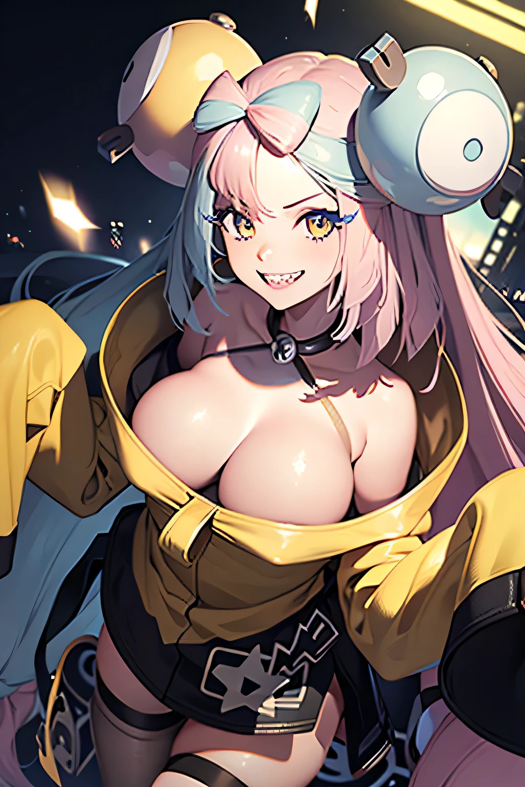 masterpiece, Highest quality, High resolution, ION 1, One person, Long Hair, Large Breasts, Yellow Jacket, Off the shoulder, hair ornaments, sexy　smile