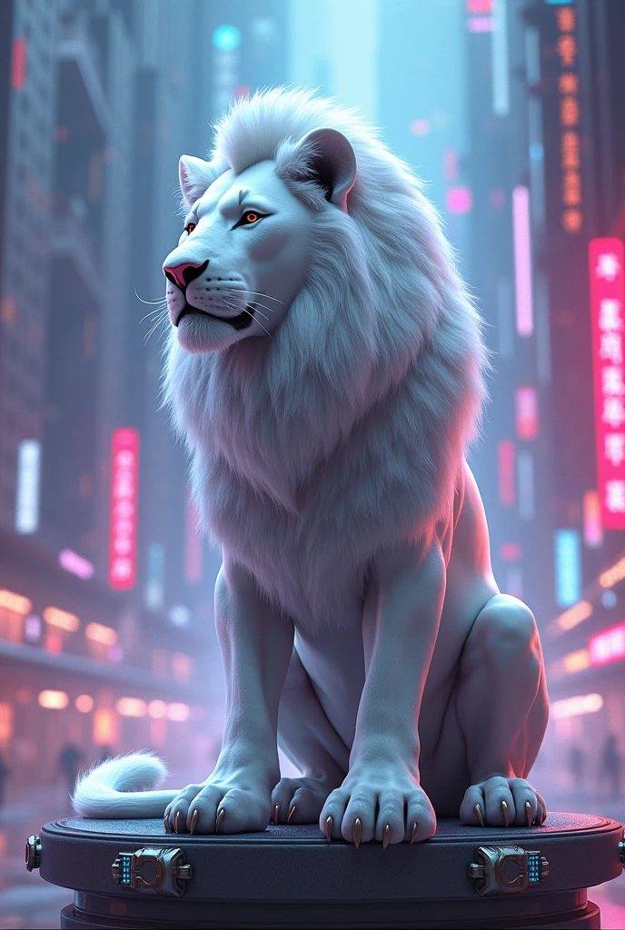White Lion in cybarg in neon sitting