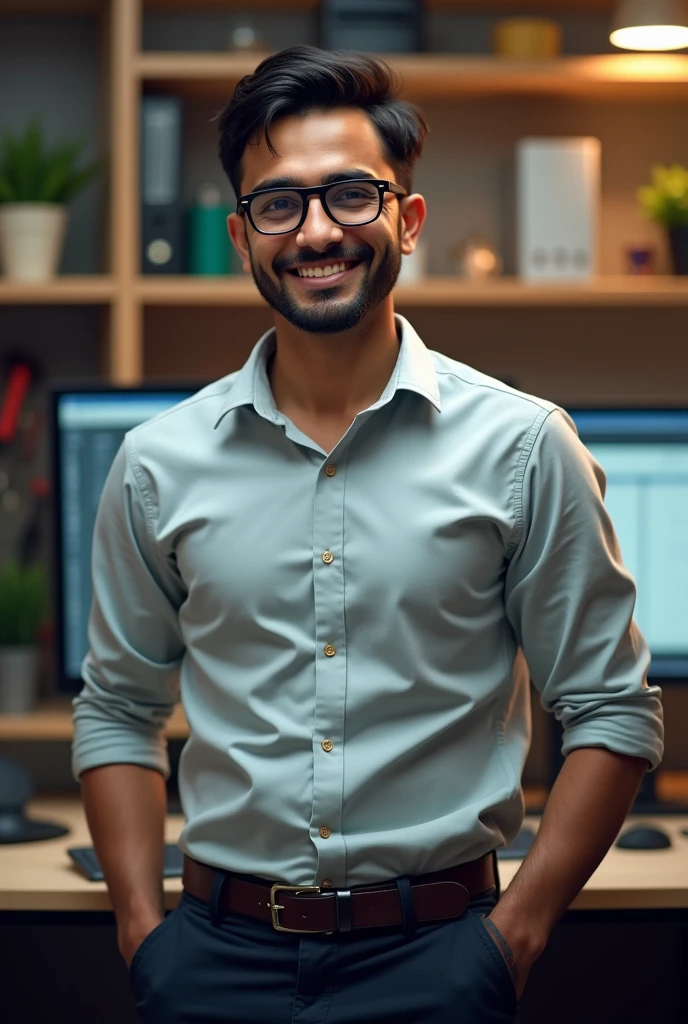 could you please draw a picture of a person looking for an entry-level IT job? He is male, not 30, has brown skin, he is from a South Asian region, wears glasses and is well groomed, he has a little hair on his head. He is excited to take on new challenges! He is simply dressed and is in a room with a computer, PC components as well as hardware and tools.