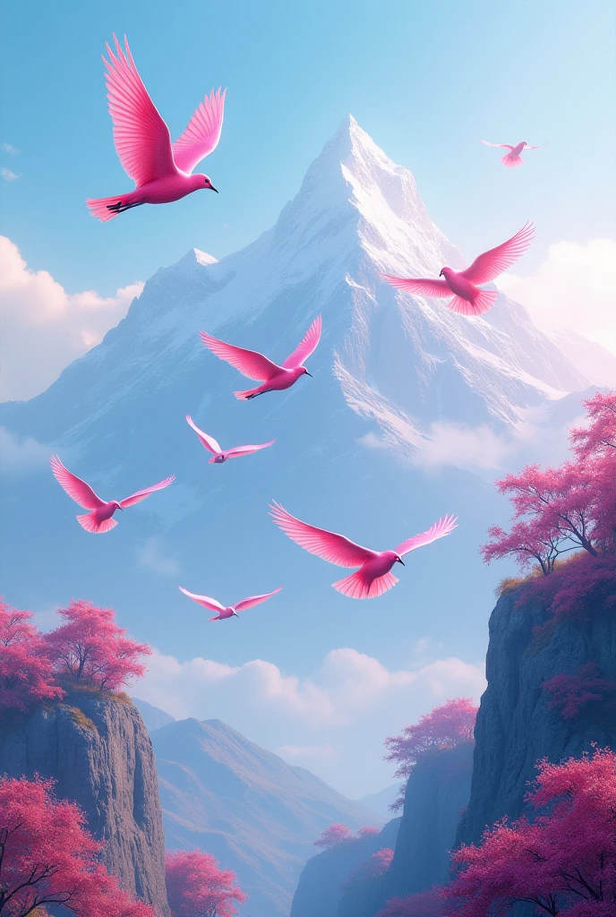 Mountain and birds  pink