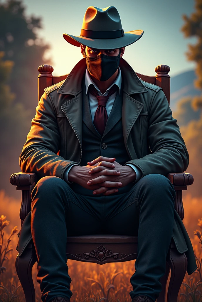 Creat a PUBGM gaming logo having a detective face wearing hat and mask in the background and a character is setting on the farmable chair