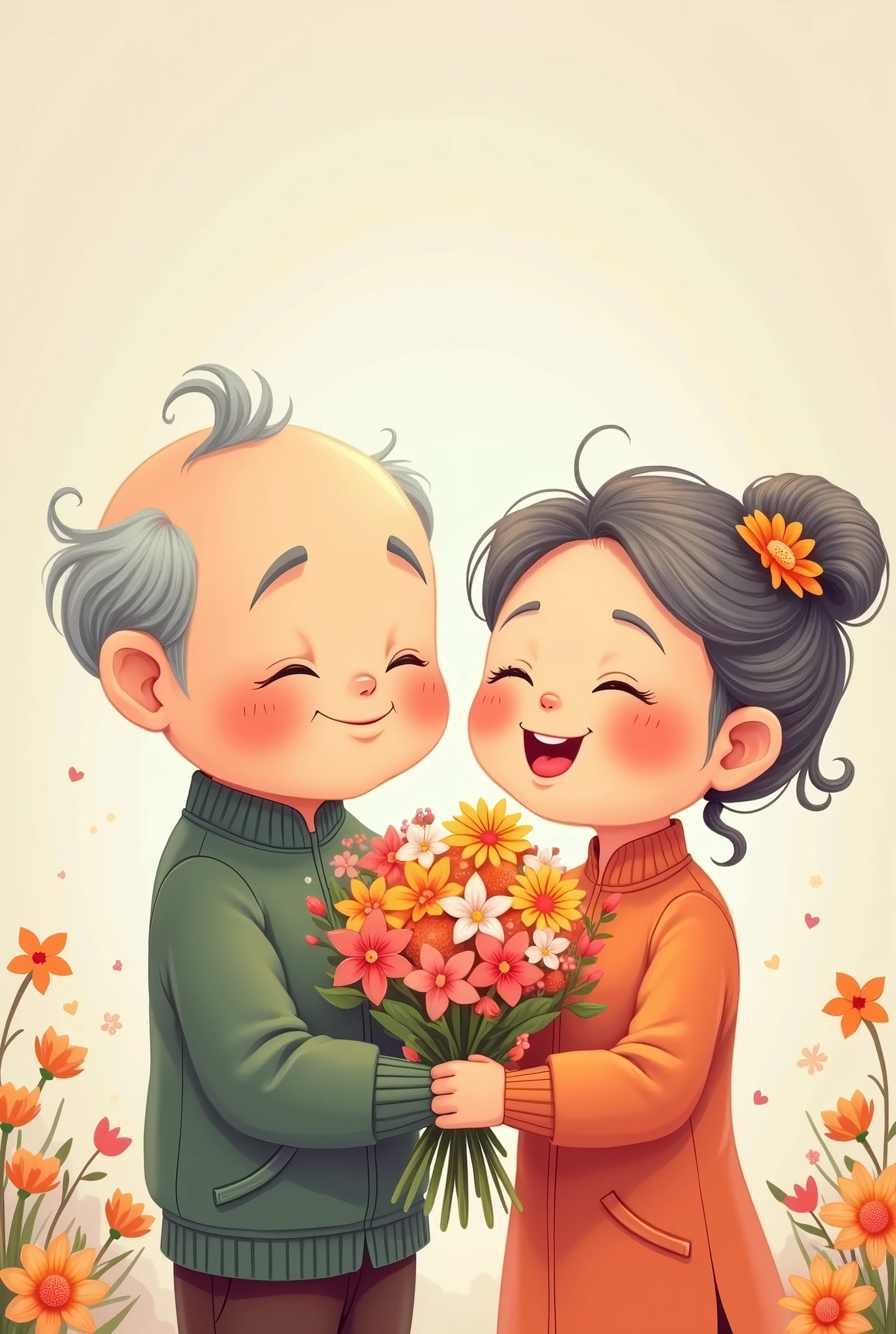Asian Chinese old couple in cute cantoon hand hold flowers, both must grey hair