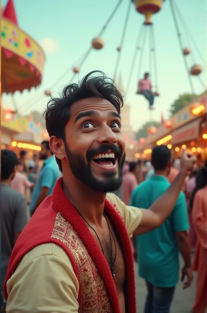 Mujhe ek YouTube video ke liye tumnail bnakr do jisme admi mela ghumne gya ho aur wp happy face ke sth reaction de rha ho aur uske piche jhula dikh rha ho