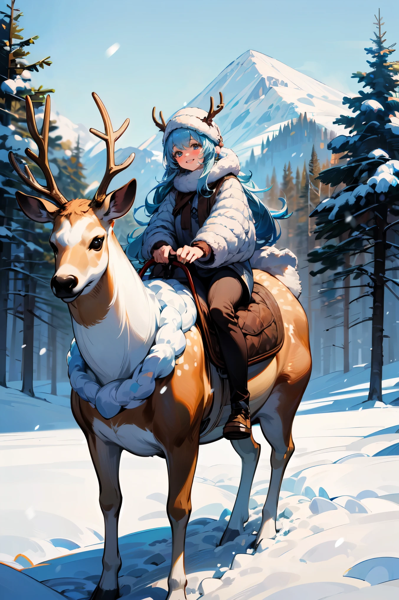 (masterpiece, best quality:1.3), 8K, illustration, super detailed, highly detailed, (wide shot), 1girl, solo, light blue hair, long hair, winter hat, (riding animal, deer, brown deer), ((snow fall foreground)), winter season, scenery snow mountain background, vivid color, absurdres