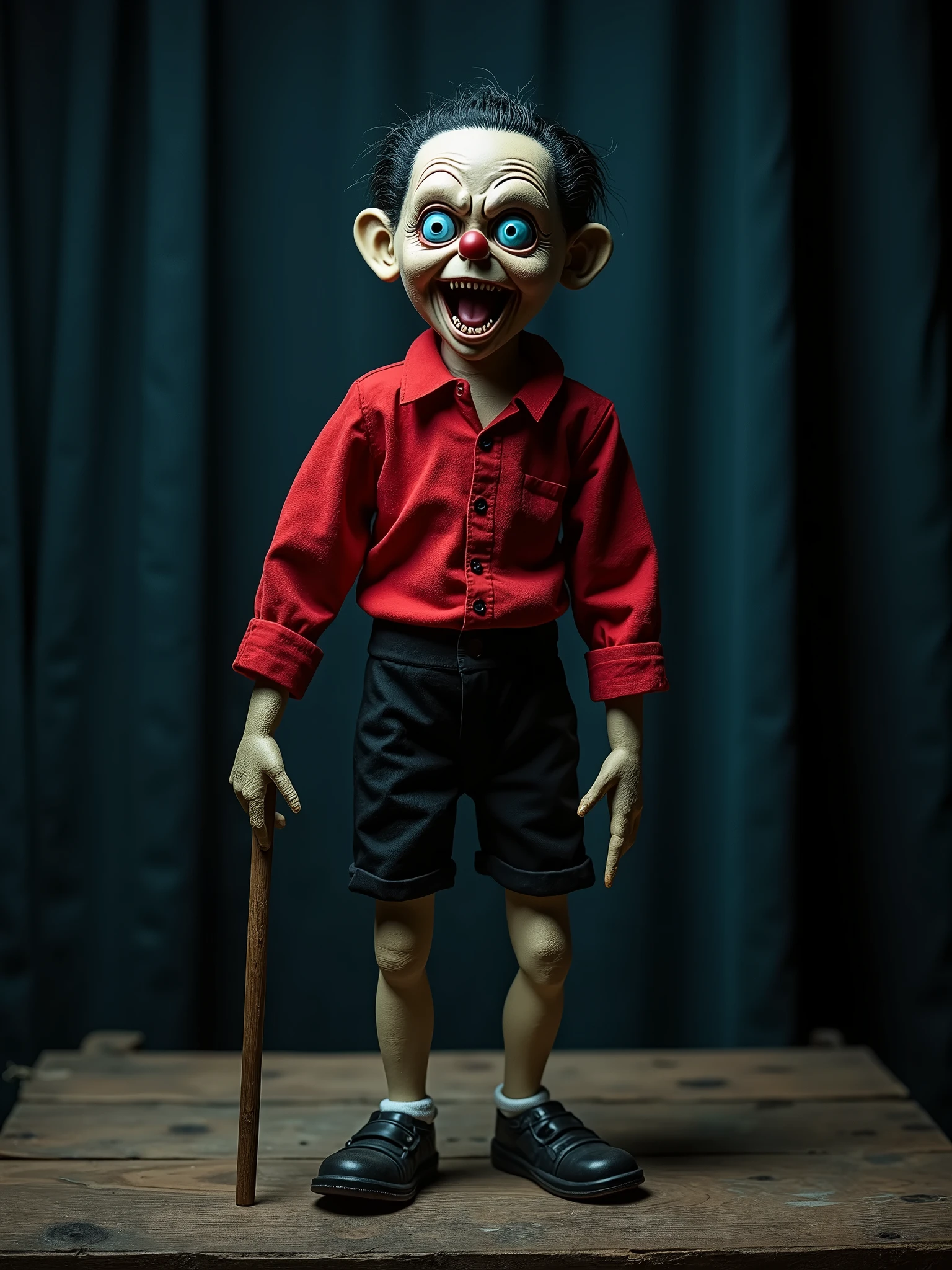 A photo of a horror movie scene with a ventriloquist puppet wearing a red shirt with fangs and black shorts. The puppet has piercing blue eyes and is holding a wooden stick. The puppet is standing on a wooden stage with a curtain behind it. The background is dark.