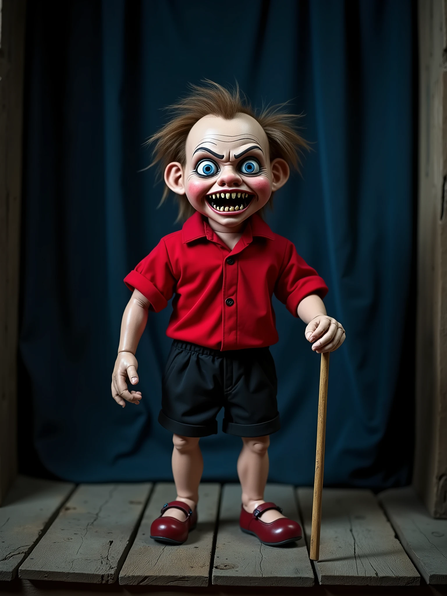 A photo of a horror movie scene with a ventriloquist puppet wearing a red shirt with fangs and black shorts. The puppet has piercing blue eyes and is holding a wooden stick. The puppet is standing on a wooden stage with a curtain behind it. The background is dark.