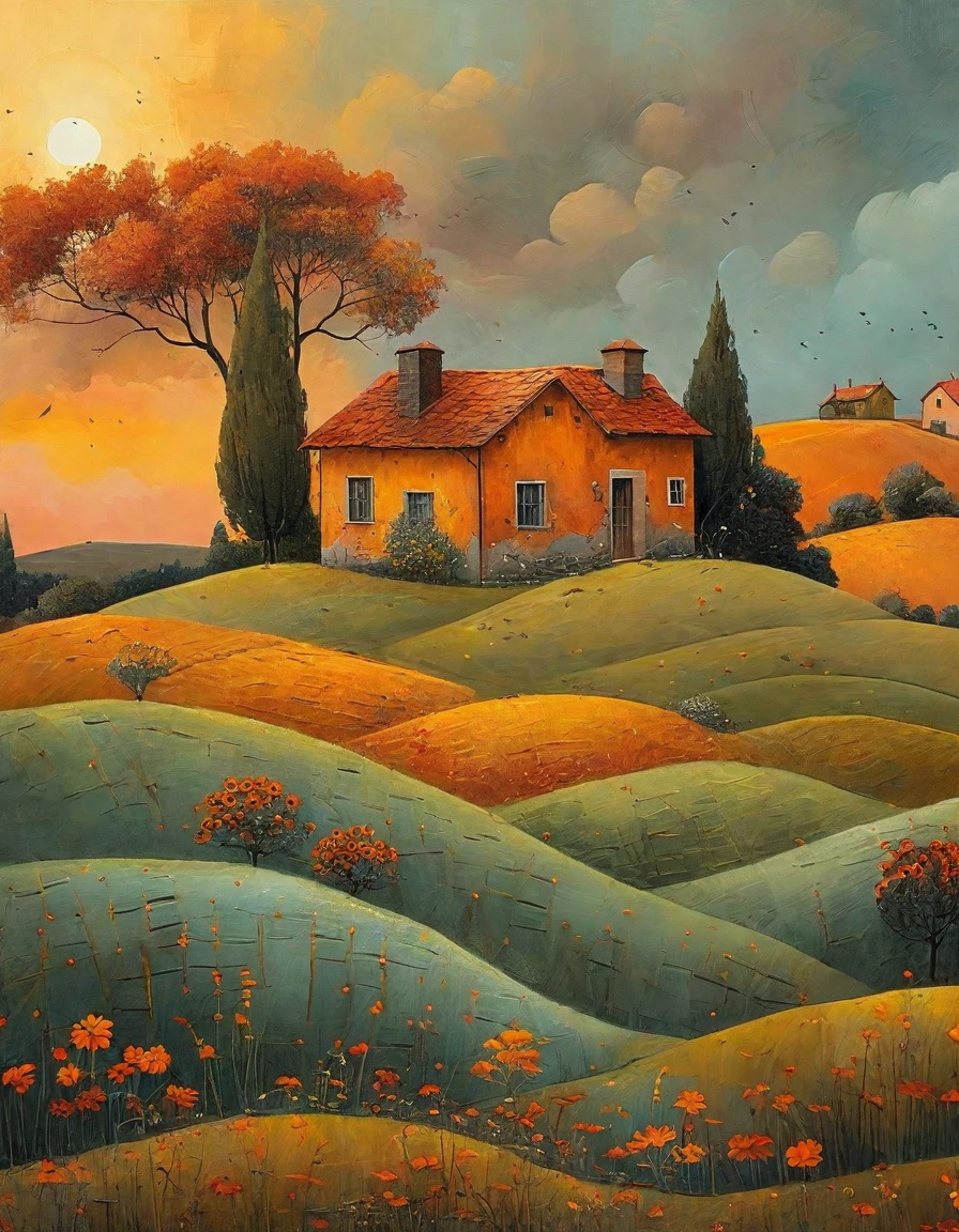 painting of a house in a field with a sunset in the background, house on a hill, warm color scheme art rendition, artistic landscape, landscape art, inspired by Guido Borelli da Caluso, surreal gediminas pranckevicius, whimsical art, rich picturesque colors, colorful landscape painting, whimsical fantasy landscape art