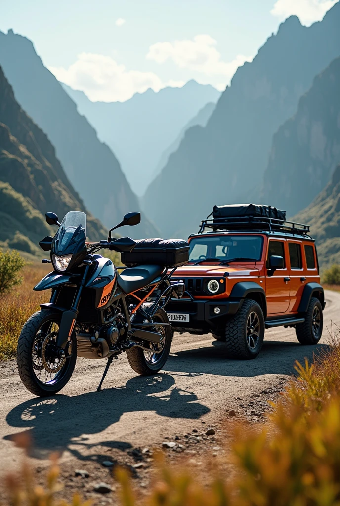 KTM 390 adventure (inbuild all modification and full loaded backpack and rackshack bike) and black Thar (in build all modification Thar) tow vehicle picture world most stylish and attractive in realistic one picture wallpaper format . This bike and car looks my face