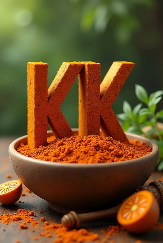 A logo for "KK" realistic using colours premium touch with curry powder spices on bowl etc natural touch
