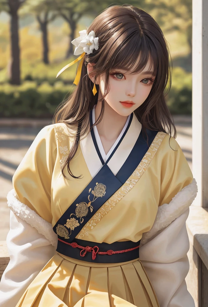 beautiful girl wearing traditional hanbok, detailed eyes and face, (Hanbok in yellow color_jeogori, fluffy skirt, delicate details), close-up angle, amazing, attractive, pure, blurry natural outdoor background, 8k, best quality, highly detailed, realistic, Laura Reference: 2.0,