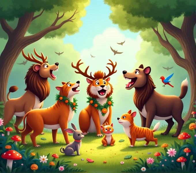 All the forest animals lion tiger deer dog cat bear Rabbit birds sitting grass gathering around, celebrating with joy. They are singing, dancing, and having a feast together.