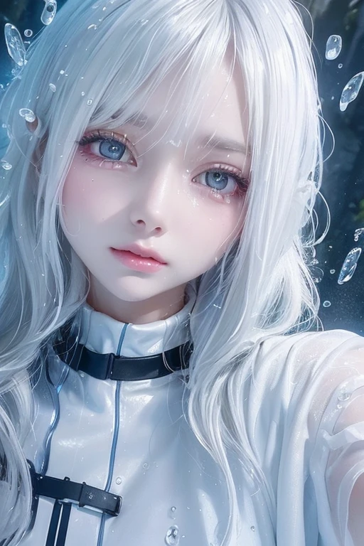 Close-up of a woman in a wet suit in the water,White clothes transparent rain water wet, Gu Weiss, closeup fantasy with water magic, Covered with water droplets, soak, Rainy and humid, Wet, Wet flowing hair, Wet body, artwork in the style of Gu Weiss, Ethereal Beauty, Beautiful body and face, The water reached her shoulders.