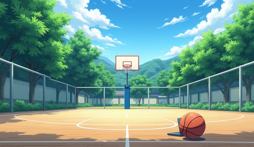 a Japanese outdoor school basketball court. the floor is wooden, the court is empty without any people; there is  one basketball ball and a laptop on the floor, basketball ball correct size, masterpiece, super detailed. image taken from afar, anime art