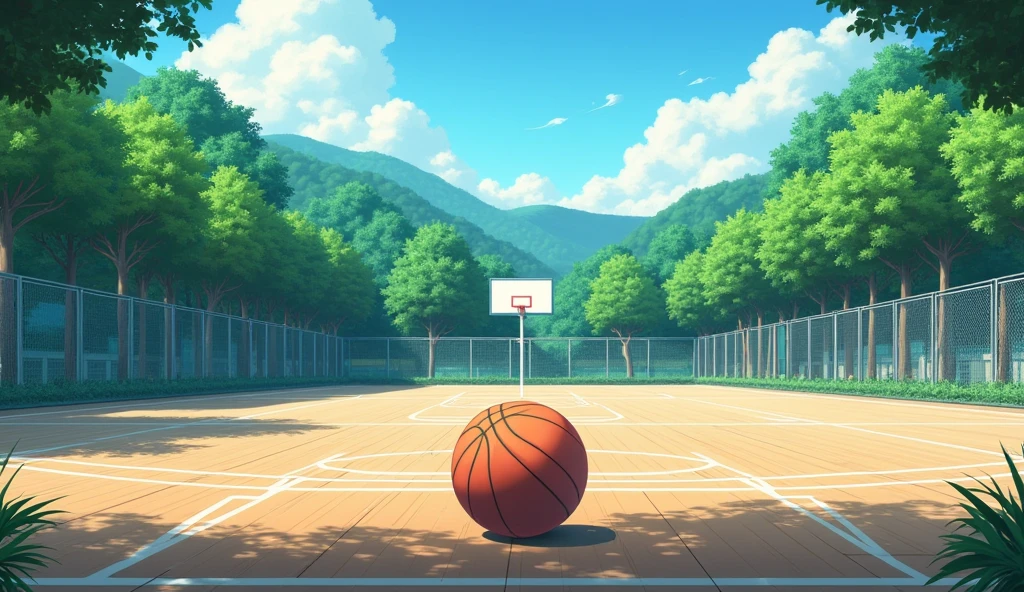 a Japanese outdoor school basketball court. the floor is wooden, the court is empty without any people; there is  one basketball ball and a laptop on the floor, basketball ball correct size, masterpiece, super detailed. image taken from afar, anime art