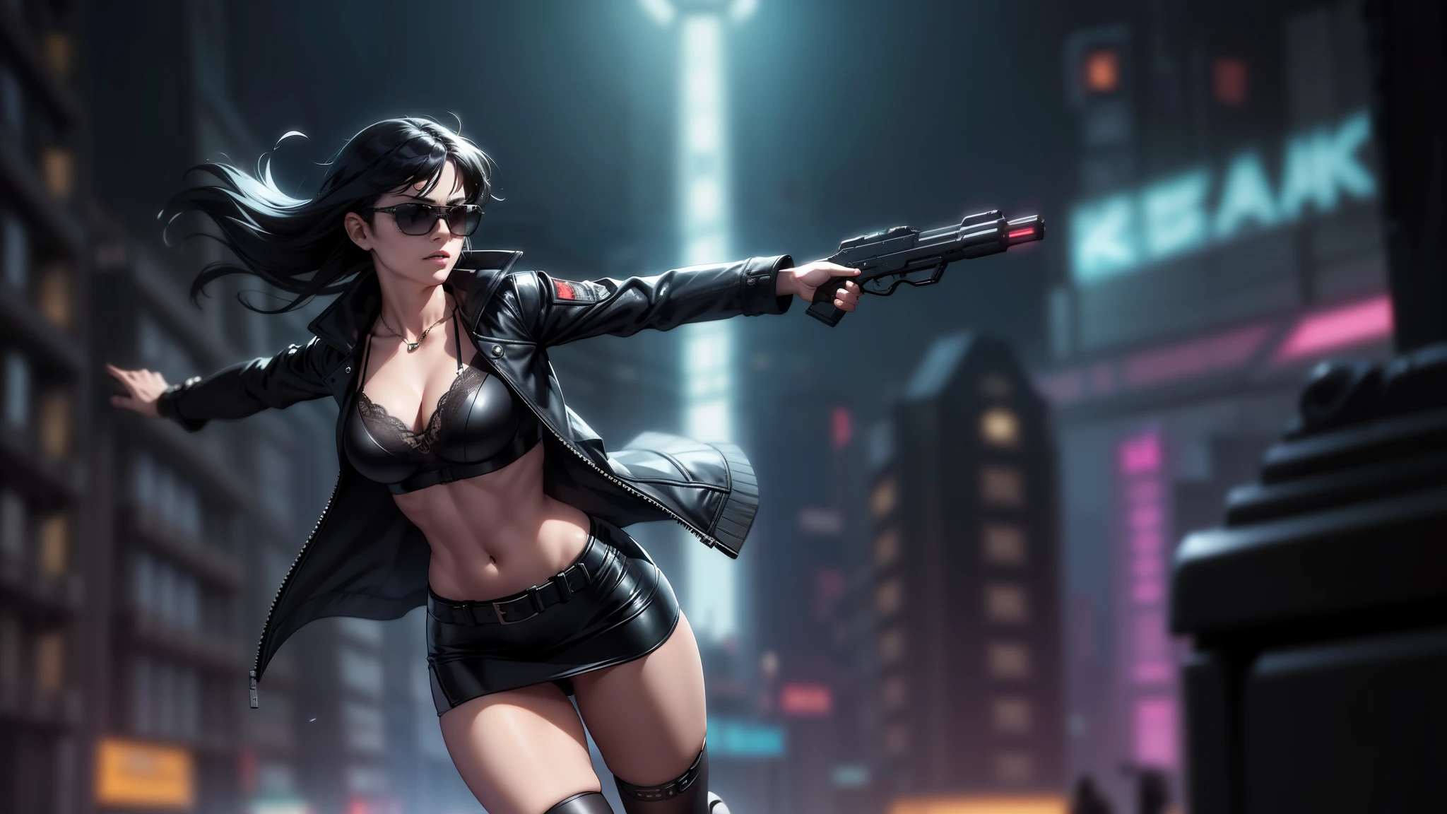 cyberpunk-style city with a nocturnal vibe with Blade Runner-like aesthetic references, glowing huge clock tower as time machine. At night, (1girl, solo, alone), photorealistic, medium-breast slim:0.6 body, oval:0.5 face, cleavage:1.1, sexy black laced bra, miniskirt, white laced panty, coat, (black micro sunglasses), (holding a short gun), (slightly leaning forward running pose), ((half-body thigh level medium shot)), cinematic lighting, ray tracing, motion blurred background.