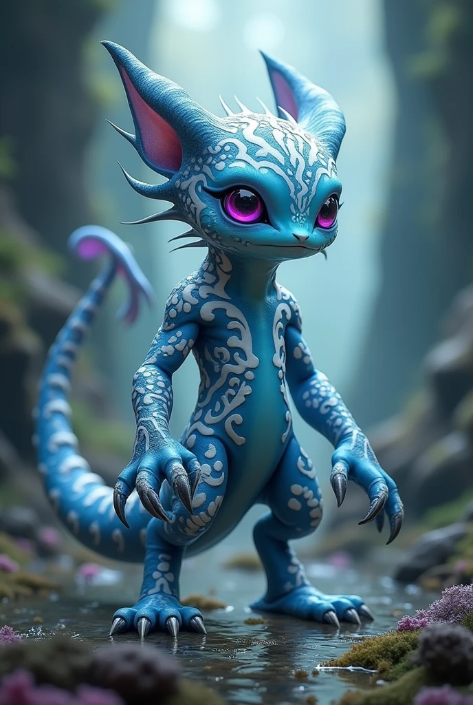 Character inspired by an Atlantic glaucus with a pale blue head decorated with white and black purple eyes black and white arms pale blue decorated with white and black a pale blue body tincture of white mixed with grayish a pale blue tail decorated with grayish mixed with white legs and a dangerous fighter side