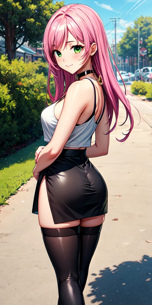 Masterpiece, beautiful art, 8k, art style by sciamano240, very detailed face, detailed hair, detailed clothes, detailed fabric, 1girl, beautiful face, long hair, pink hair , model head shot, facing camera, very detailed green eyes, sultry smile, wearing tank top , black dior thigh boots, black pencil skirt, walking , out shopping, necklace, chocker, rosey cheeks, sunny summer setting, full body rear view,