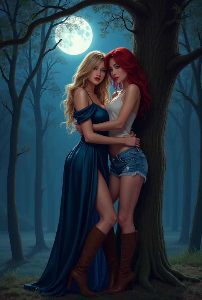 a blonde longhaired woman in a Night Blue shoulder free Satin dress and suede over-knee boots leaning against a tree and pointing towards the camera at night and a asian red haired woman wearing short Bluejeans and a white Belly-free tanktop embracing her