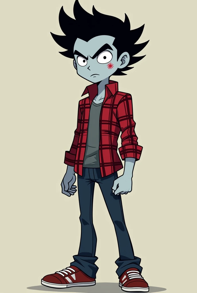 Marshall Lee has a slim body, an average height, black hair, and light gray skin. He has a matching permanent bite mark like Marceline's which shows he is a vampire. In Fionna and Cake and Bad , he is seen wearing a red plaid shirt with gray stripes, dark blue jeans, and brownish-red and white sneakers.