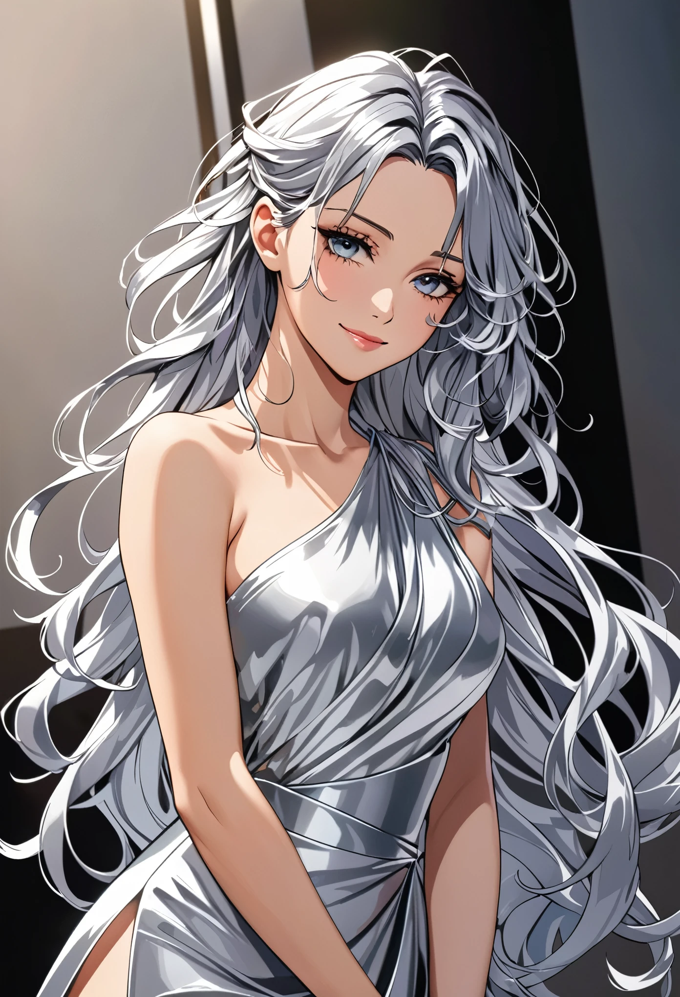(masterpiece), (high resolution, 8k), (high detailed), women, lean body, (long waist length wavy messy hair(silver colored)), beautiful face, (close mouth:1.2), tired smile, chromatic colored one shoulder sexy dress (draped), anime style, unaestheticXL_bp5, SimplePositiveXLv2