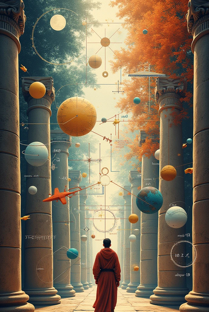A poster portraying the theme "Ancient and Modern Mathematics" with lots of mathematical tools in modern maths and keep it wider in information
