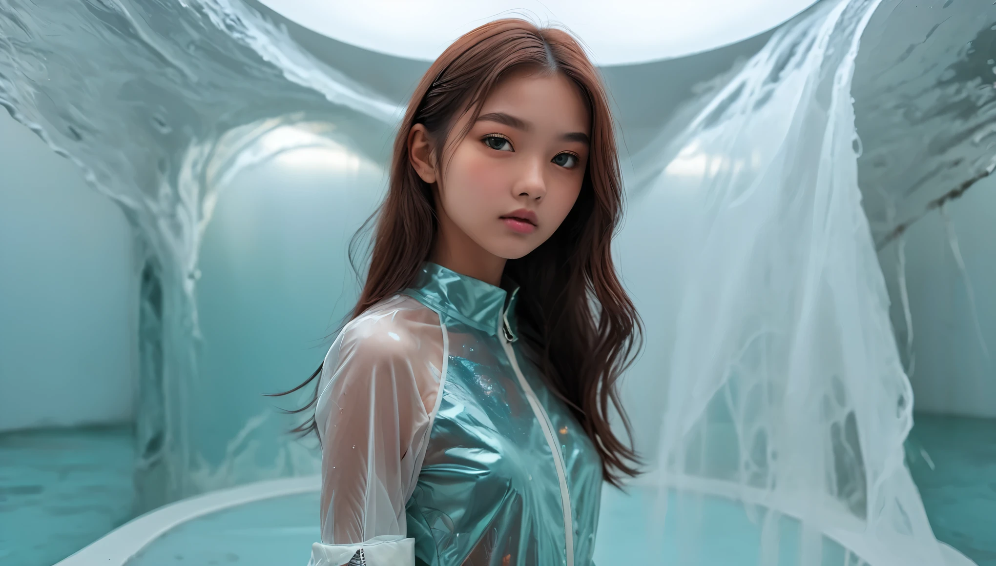 Top Quality, Masterpiece, High Resolution, 8k, wide objective, full body shot, (((skinny cute girl, barely legal, age 14), (oversized silky see-through silky jacket with plunging Neckline, off-shoulder, short sleeves), mediumperky breasts, extremely detailed face, detailed eyes, thin eyebrow, detailed lips, no makeup, long slick ponytail side shaved hair, small hips, (in a spaceship, on a bed), dim light, dramatic and neon colors, futuristic setting, intricate details, at night, random pose, random neon colors))