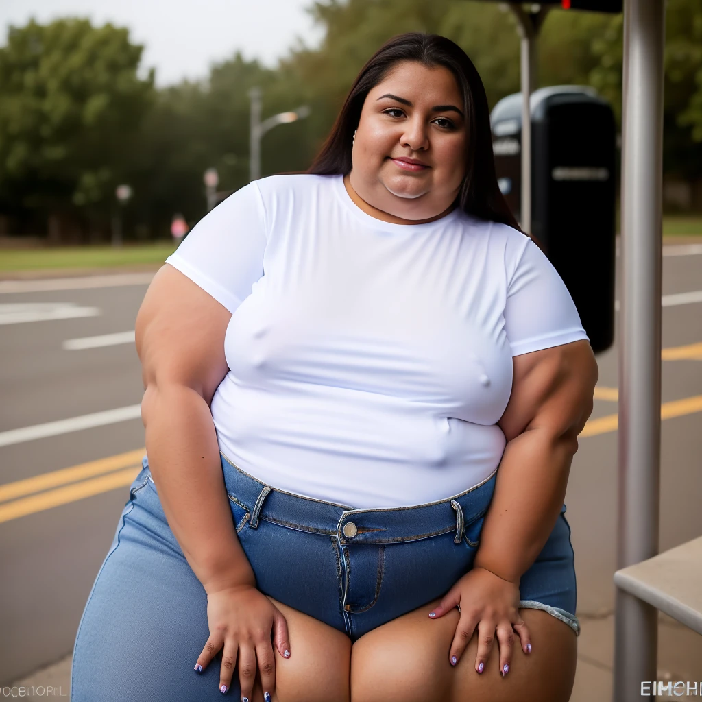 ((high rating:1.3)), 8k, uhd , finely detailed, full color, high quality, (((high rating))), plump Hispanic girl with extremely long hair, saggy blubbery blimp body, oily skin, disproportionately big swollen belly sagging down over legs,love handles, outside at the bus stop on an extremely foggy morning holding a chocolate bar, ((wearing white t-shirt and loose jeans, sweating)), blushing, embarrassed, natural beauty, natural makeup, bottom heavy , sweet, innocent, atmospheric, extremely detailed and sweet innocent moon face with exaggerated enormous plump lip, (fat face), no shadows, lounging