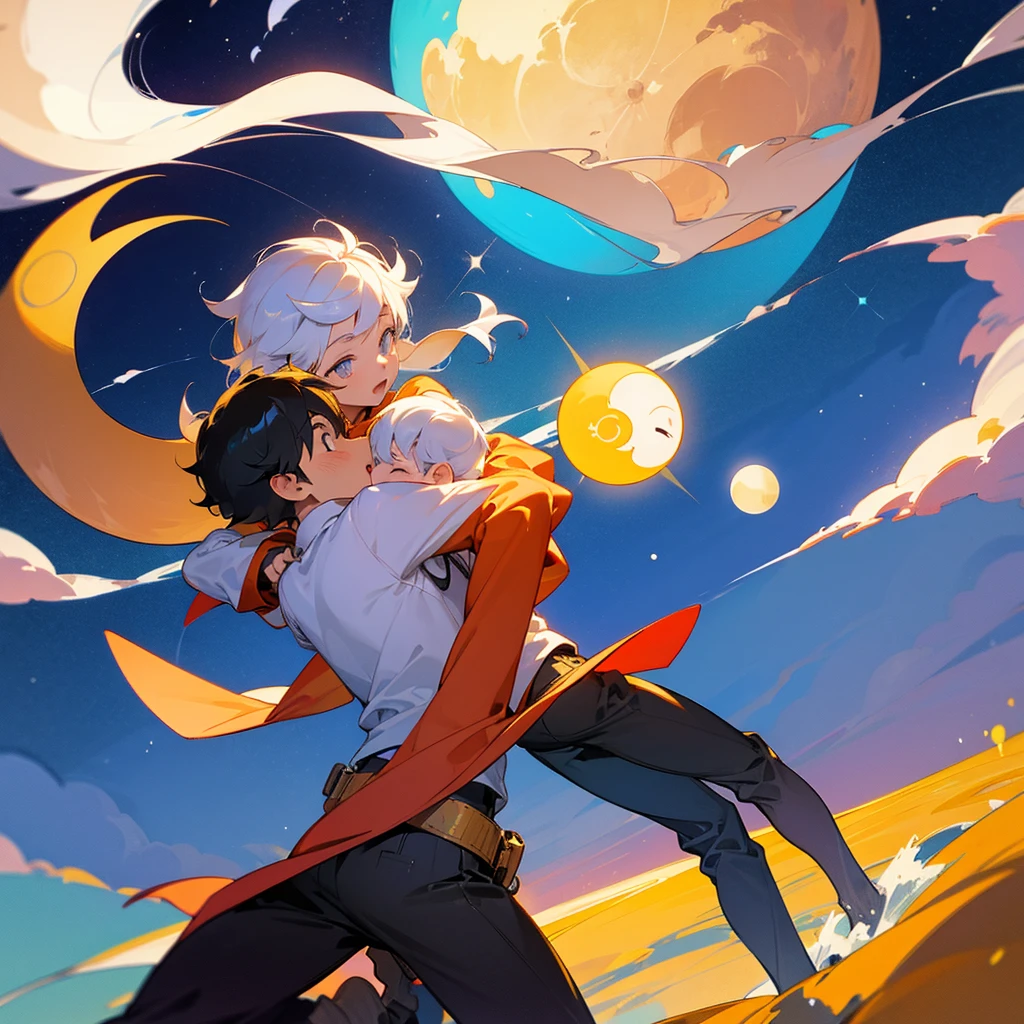 Two boys, sun and moon, dynamic