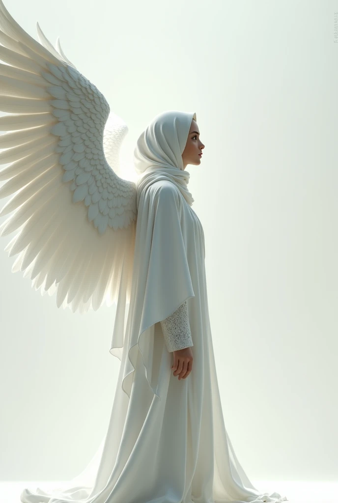 Girl in white hijab big wings stand sideways
