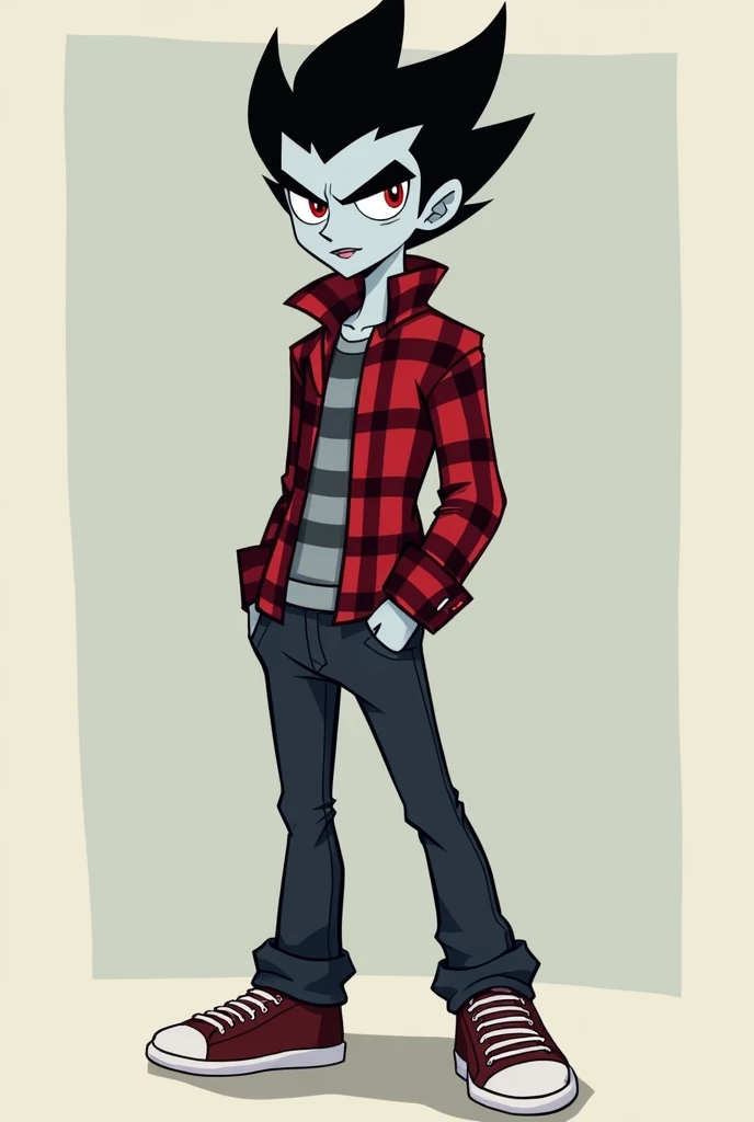 Marshall Lee has a slim body, an average height, black hair, and light gray skin. He has a matching permanent bite mark like Marceline's which shows he is a vampire. In Fionna and Cake and Bad , he is seen wearing a red plaid shirt with gray stripes, dark blue jeans, and brownish-red and white sneakers.