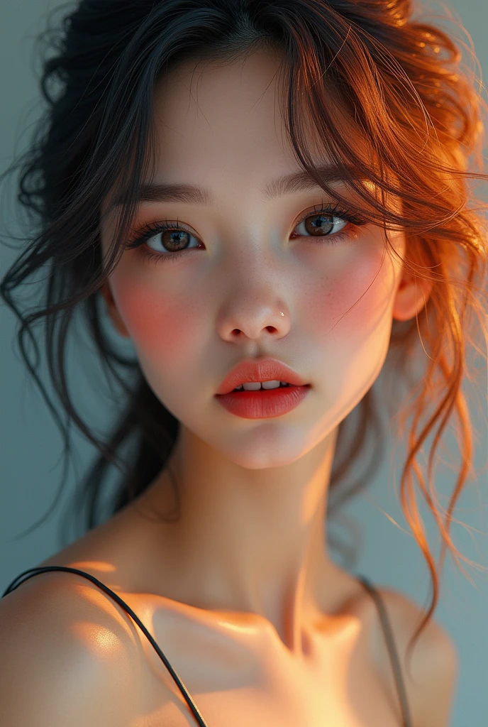 Prompt 0
(masterpiece)),((Highest quality),(Portrait of a beautiful girl),Eye for perfect detail,Face in perfect detail、Very elaborate nose,Radom Color Shorts,Perfect Teeth、Exposing shoulders,Charm,Perfect Face、Dimples on cheeks、Depth of written boundary,High resolution、(Realistic skin texture)),(Well-proportioned hands),Thin lips、Random colored hair,Floating multicolored hair、Narrow waist、chocolate