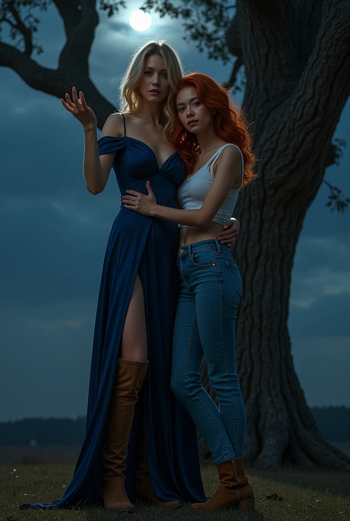 a blonde longhaired woman in a Night Blue shoulder free Satin dress and suede over-knee boots leaning against a tree and pointing towards the camera at night and a smaller asian red haired woman wearing short Bluejeans and a white Belly-free tanktop embracing her