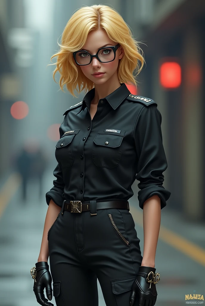 Sailor Uranus from sailor moon wearing glasses, black shirt with collar, black cargo pants & black sports shoes