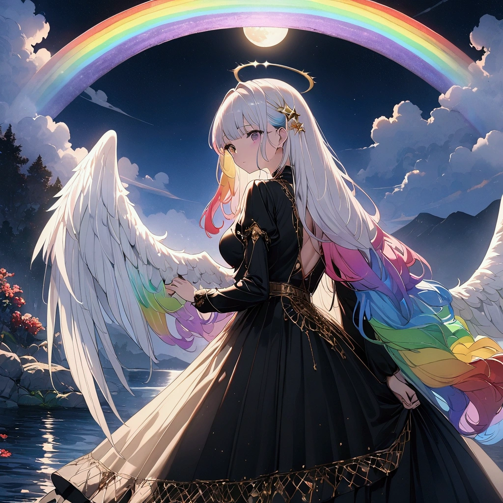 (((anime))) One Woman,I&#39;m through the door,Door on the lake,Heaven is at the door,Turn your back,Angel,Large iridescent feathers,Long Hair,(Rainbow Hair),Angelの輪 白いキャミソール,Volume sleeve,Long skirt,night,full moon,star,Backlight,masterpiece,Highest quality,Exquisite,8k,Absurd,Ultra-fine illustrations,