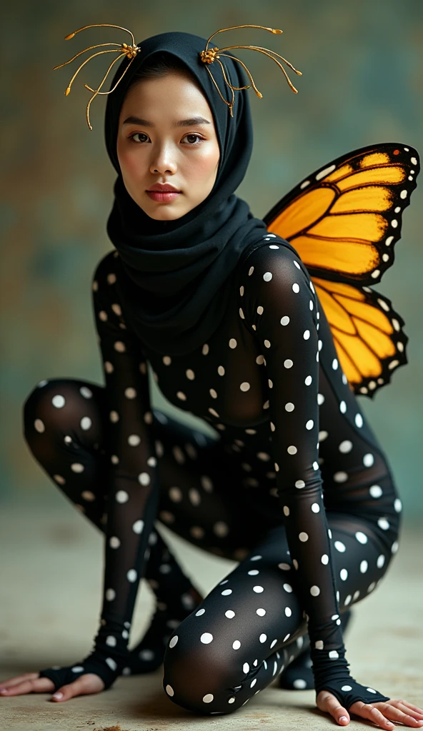 The most beautiful,thin,most pretty and clever malaysian muslimah adult girl wears black butterfly lycra turtleneck unitard catsuit covered with white seamless polkadots.She always wear black butterfly lycra dancewear stretchy square hijab covered with white seamless polkadots.She has a pair of yellow beautiful butterfly wings.She has a long insect antennae.She is crawling.
