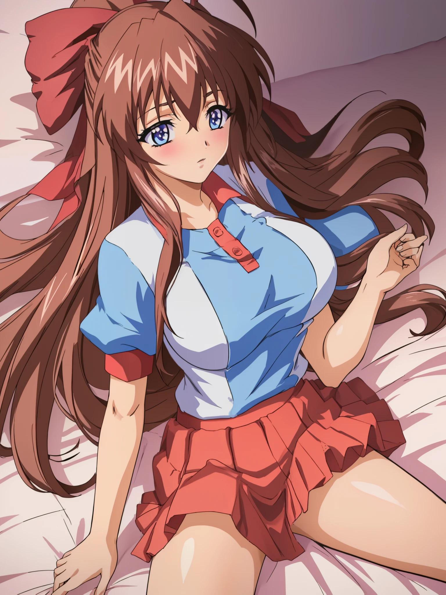 (Anime artwork, Anime Style, Studio Anime, Very detailed, up to date, Vibrant, Anime Coloring Book, High Contrast, masterpiece:1.2, Highest quality, Best aesthetics), (Beautiful and detailed:1.2), Aoi Tennis, 1 person, Hair Ribbon, Tennis uniform, Polo shirt, Raglan sleeves, Pleated skirt, Red Skirt, blush, Lips parted, liar, On the bed, Pink Good, In a seductive pose, Lying horizontally on the floor, Turn to face the audience, Skirt Lift, No pants,White knee socks,Asymmetrical bangs, Perfect Proportions, Skin with attention to detail, cute, Detailed face,