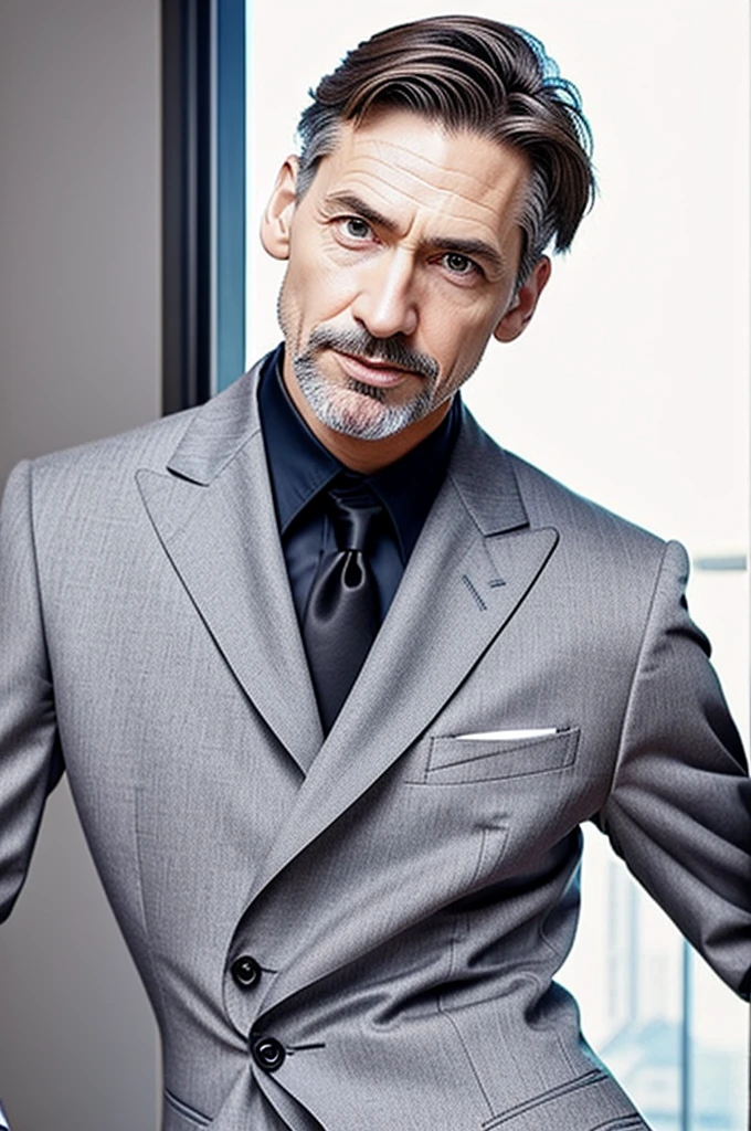 (The best quality,High Resolutions),portrait,50 year old man,With a very elegant dress,Grey tailored suit,Detailed and realistic face,short grayish brown hair,flat hair cut,with a slim build,determined expression,Hollow eyes,strong jawline,Faint wrinkles around the eyes and mouth,well-groomed eyebrows,subtle crow's feet near the eyes,glare,Mature and self-confident look,subtle smile on her lips,Slightly arched eyebrows,defined cheekbones,square face,sculpted chin,mustache,stubble beard,Elegant posture,Standing in front of a neutral background,Soft and uniform lighting,Slightly warm color tone,emphasis on the sophisticated and charismatic aura of the man.
