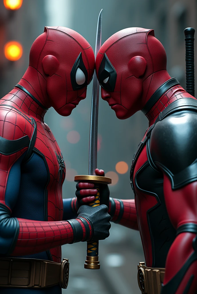 Spider-Man and Deadpool locked in an intense standoff, staring into each other's eyes, each holding a different sword to the other's throat, poised to cut off each other's head