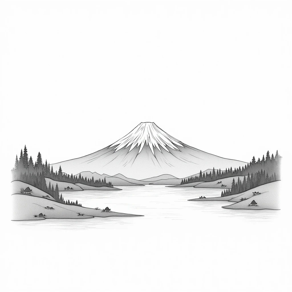 Fuji Mountain　Coloring book　Japan　landscape　Black and White　Just pencil lines　
