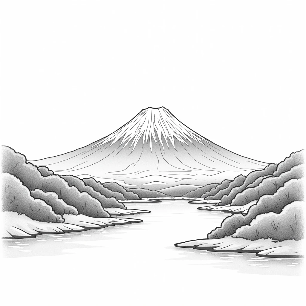 Fuji Mountain Coloring book Japan landscape Black and White Just pencil lines