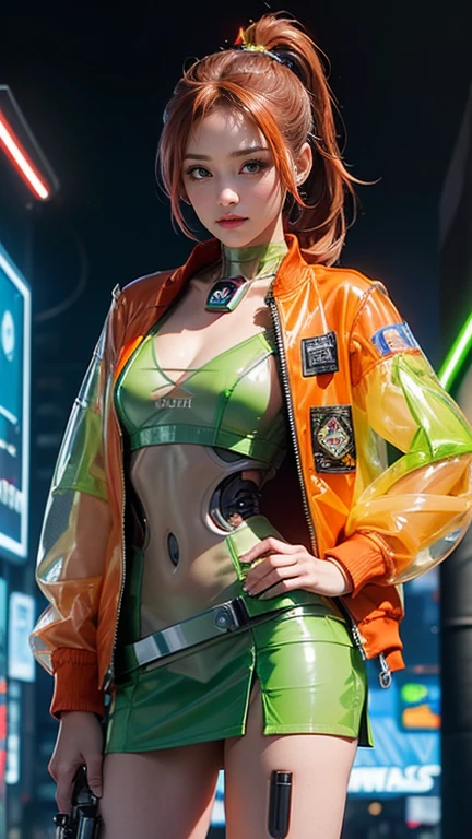 (quality)), ((masterpiece)),Ariana Grande in a green cyborg jacket,Dance Ballet ,(Green neon student jacket:1.4), (Bikini Bodysuit:1.4), (Cyborg schoolgirl in a green transparent miniskirt:1.4),Background ice wall frozen cave, Long white grey hair, the best, masterpiece, High resolution, the best Quality, 超High resolution, Super Details, Award-winning works, 16K,,(Beautiful Blue Eyes), (Cowboy pose) ,(Cyberpunk Green Transparent Jacket:1.4), (Jupiter Star Wars City Background:1.4), (Orange jacket+Cyborg Red:1.4), Long Red Hair, (Perfect Anatomy ), (He's wearing a pirate eye patch:1.4) ,(Cyber Cyborg Orange Red Chaqueta) , (Showing off a flat stomach), (Wearing clear plastic clothing:1.4) ,(Showing lace panties) ,(African black skin:1.4) ,( Cyberpunk 2.1), (Cabelo Largo Yellow Neon:1.4), (Yellow cyberpunk bluetooth headphones on head:1.4),